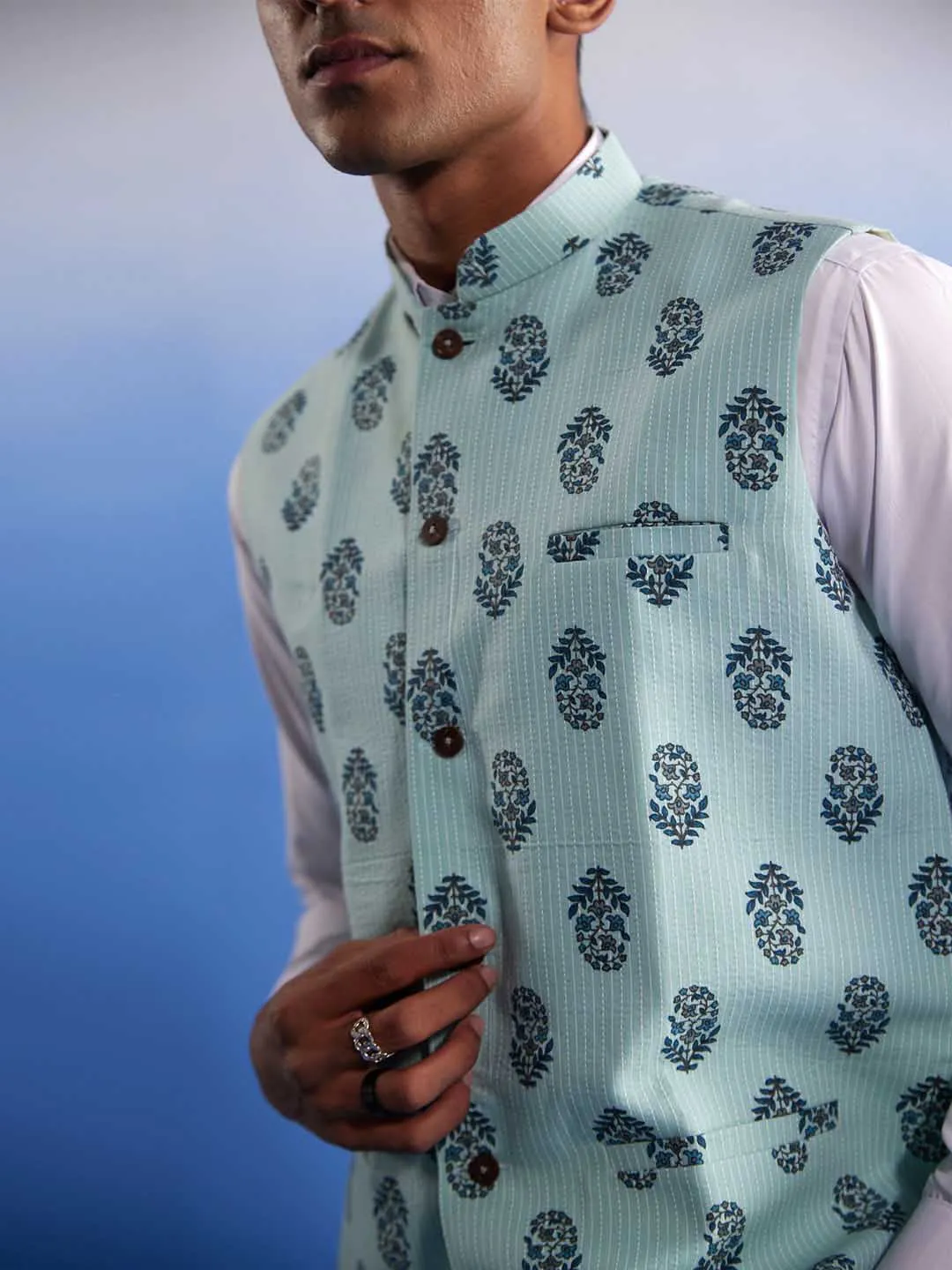 VASTRAMAY Men's Mint Green Ethnic Motif Printed Nehru jacket