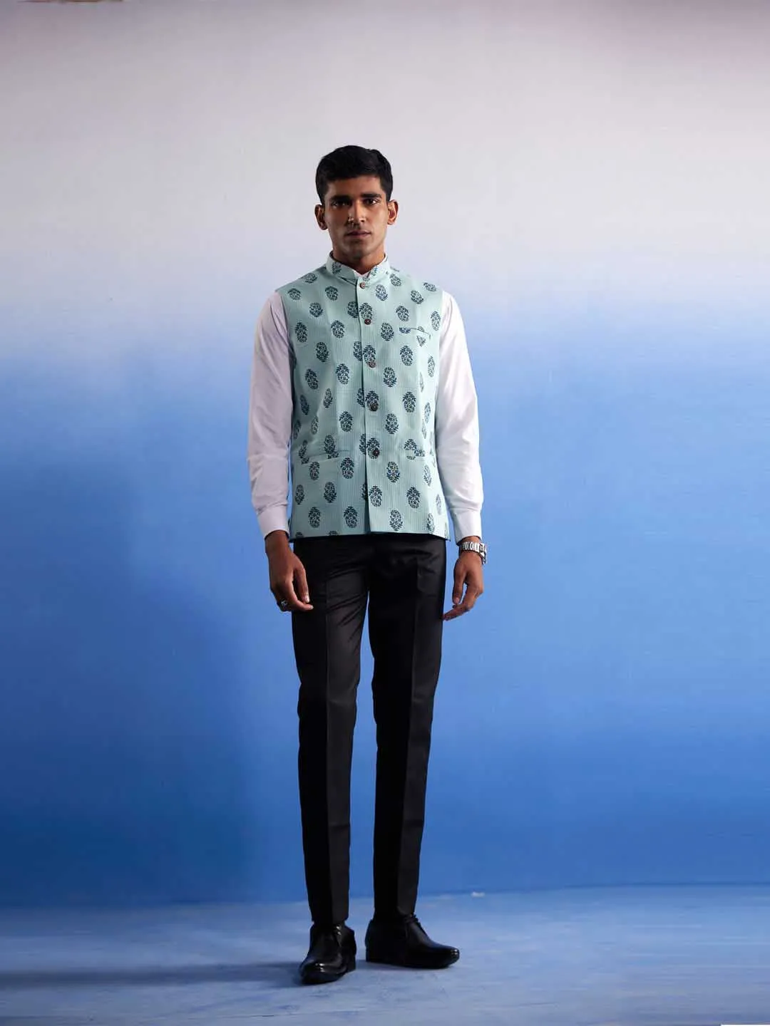VASTRAMAY Men's Mint Green Ethnic Motif Printed Nehru jacket