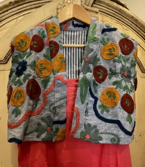 Vest - Stone Wash Blue Embroidered Garden