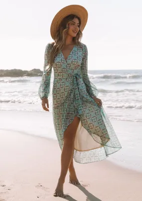 Vibrant Floral Long Sleeve Midi Wrap Dress