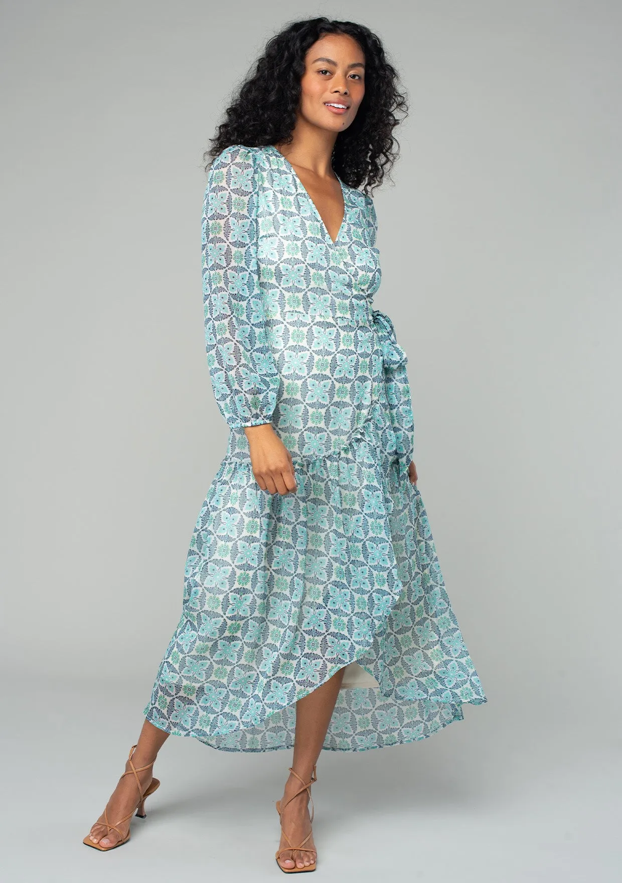 Vibrant Floral Long Sleeve Midi Wrap Dress