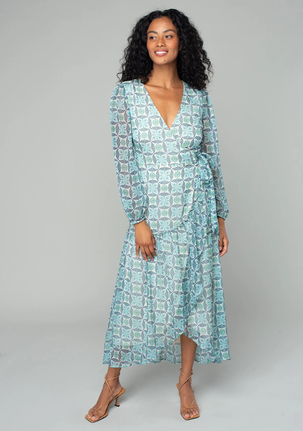 Vibrant Floral Long Sleeve Midi Wrap Dress
