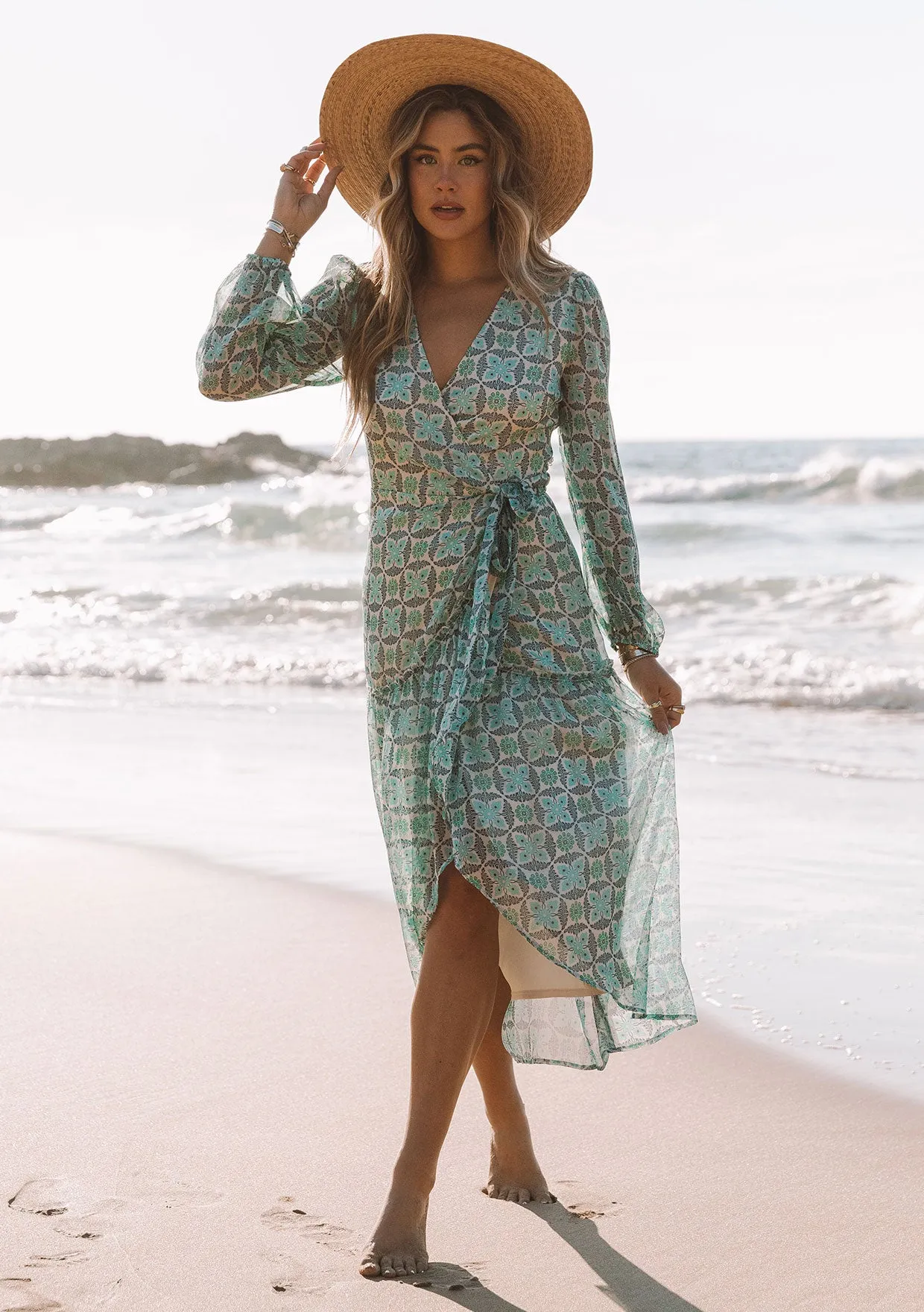 Vibrant Floral Long Sleeve Midi Wrap Dress