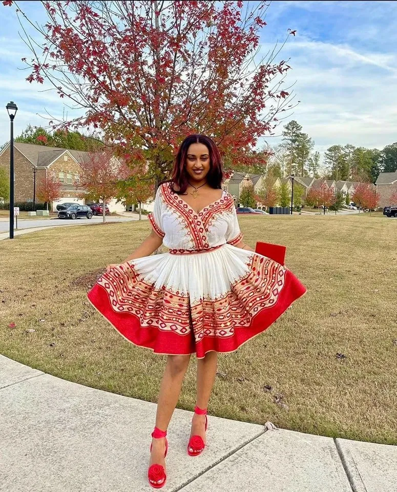 Vibrant Red Ethiopian Traditional Dress: Modern Mini Habesha Dress for Graduation, Birthdays or Other Grand Events Habesha Kemis