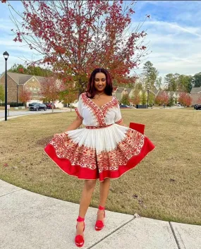 Vibrant Red Ethiopian Traditional Dress: Modern Mini Habesha Dress for Graduation, Birthdays or Other Grand Events Habesha Kemis