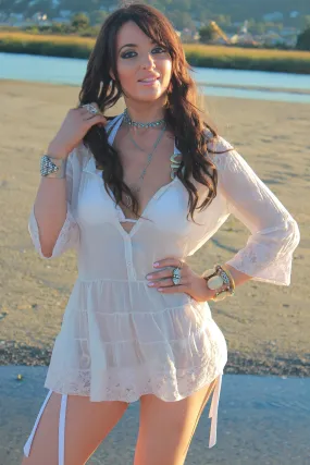 Vintage 90s Boho sheer tiered top pastel pink beach cover blouse