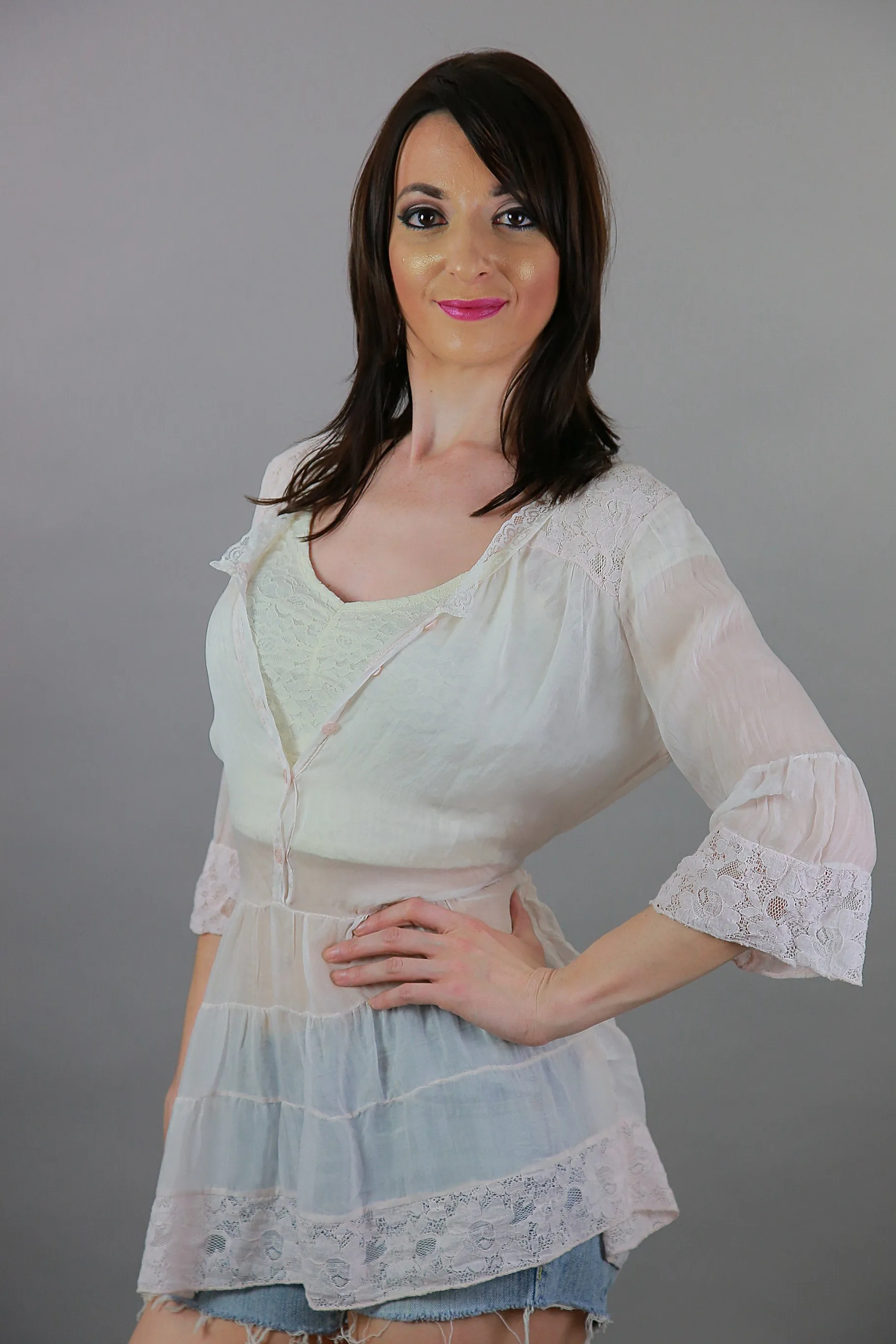 Vintage 90s Boho sheer tiered top pastel pink beach cover blouse