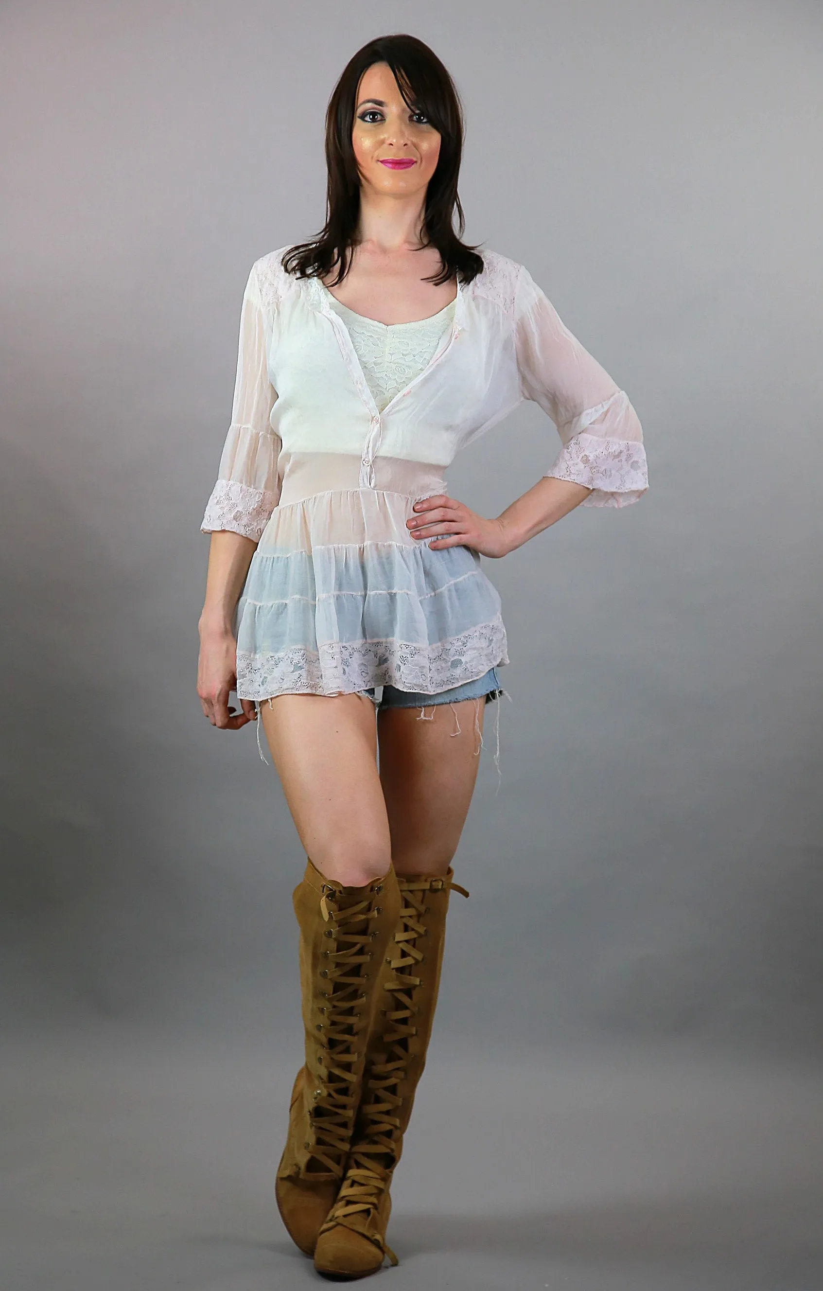 Vintage 90s Boho sheer tiered top pastel pink beach cover blouse