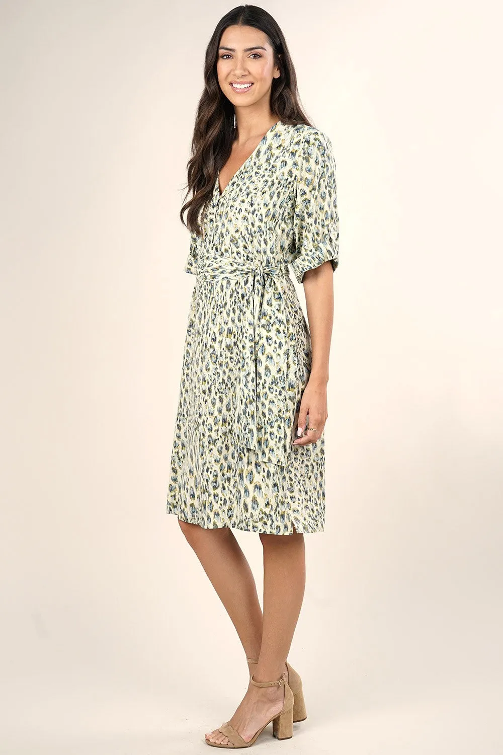 Watercolor Animal Print Elbow Sleeves Midi Dress
