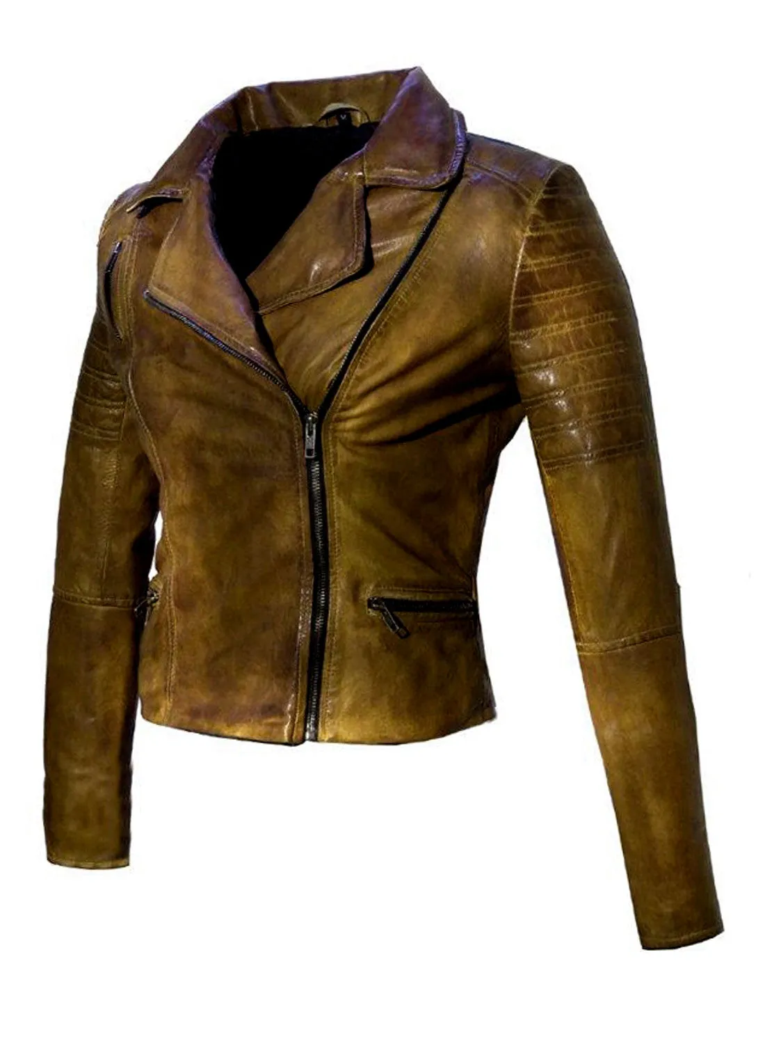 Women Leather Washed Vintage Motorcycle Biker Jacket
