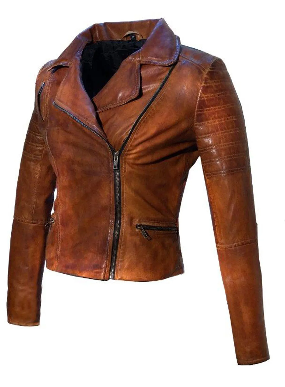 Women Leather Washed Vintage Motorcycle Biker Jacket