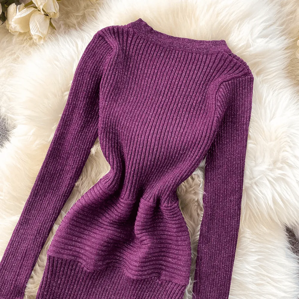 Women Shining Knitted Hollow Out V-neck Halter Bodycon Party Dress