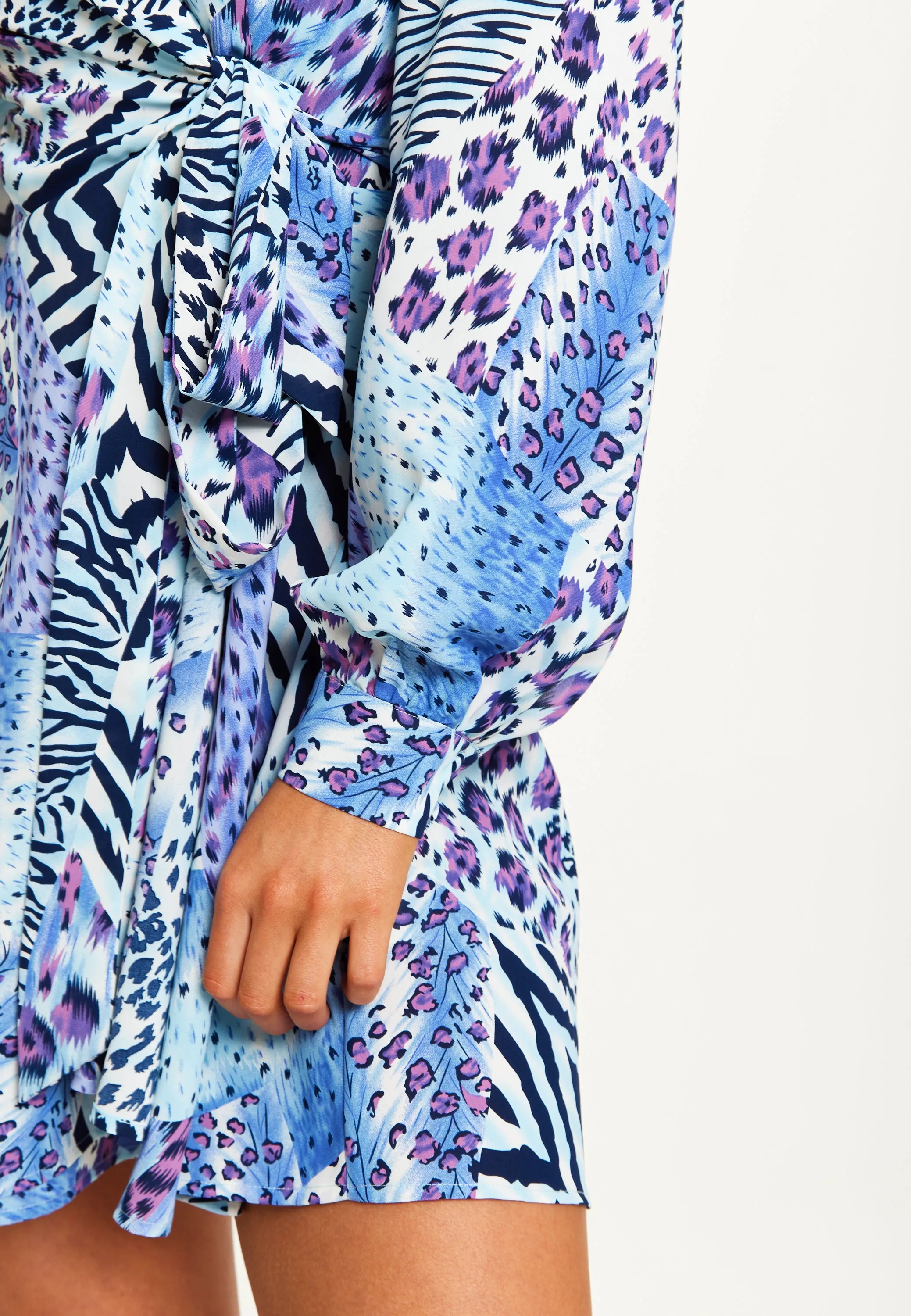 Women's Mini Dress in Blue with Long Sleeves and Mixed Animal Print Wrap Design - Liquorish