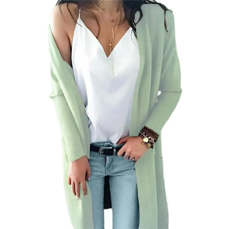 Women's open front long knitted cardigan sweater with pocket for fall/winter